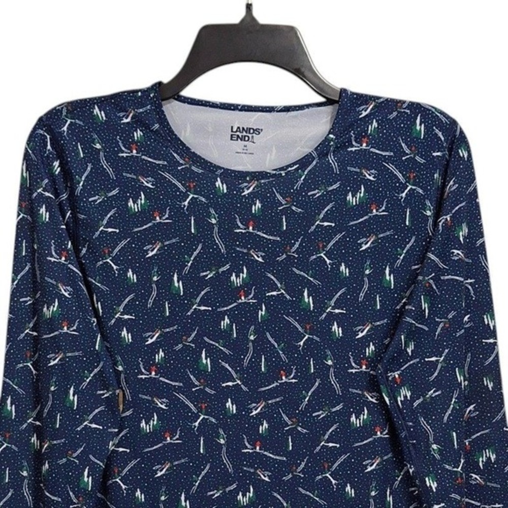 Lands End Womens Pullover Top M 10 12 Blue Multi Crew Neck Long Sleeve Ski Print - Picture 6 of 13